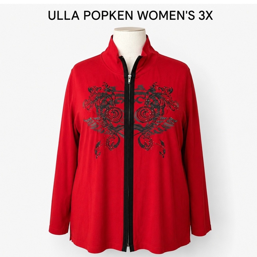 Ulla Popken Womens 3X Red Graphic Studded Mock Neck Zip Front Relaxed Top 35571